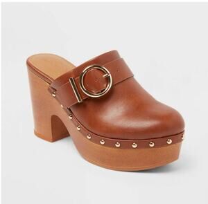 Women’s Tan Leather Platform Clog with Gold Buckle